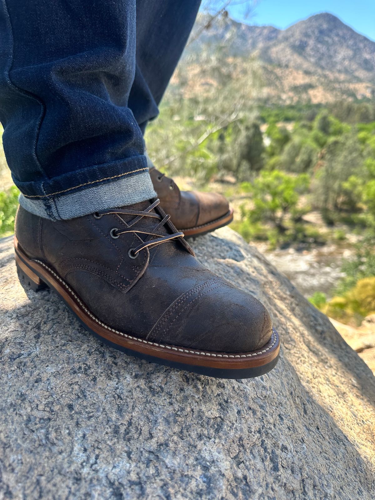 Photo by sergio_dmnd on May 11, 2025 of the Truman Cap Toe Boot in C.F. Stead Stone Rambler.