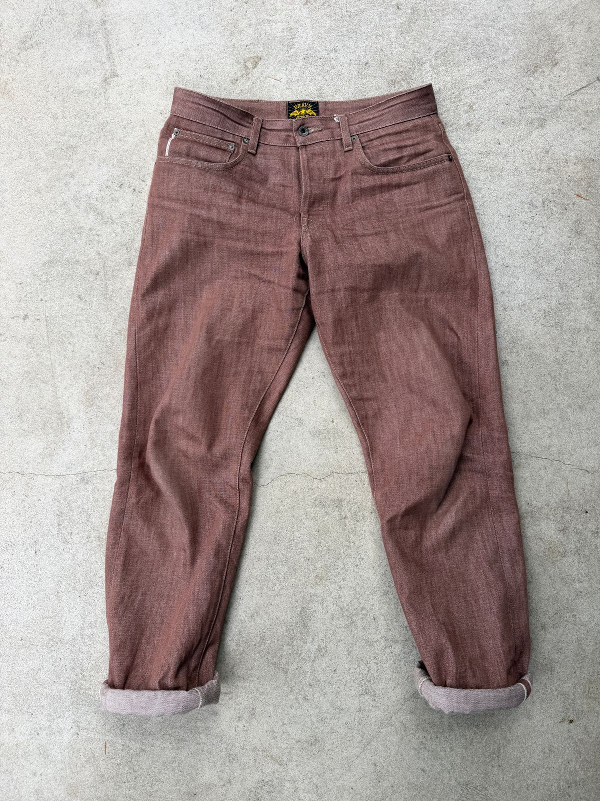 Photo by manco on April 9, 2026 of the Brave Star Strongman in 13 Oz Beet Dyed Japanese Raw Selvedge Denim (100% Cotton).