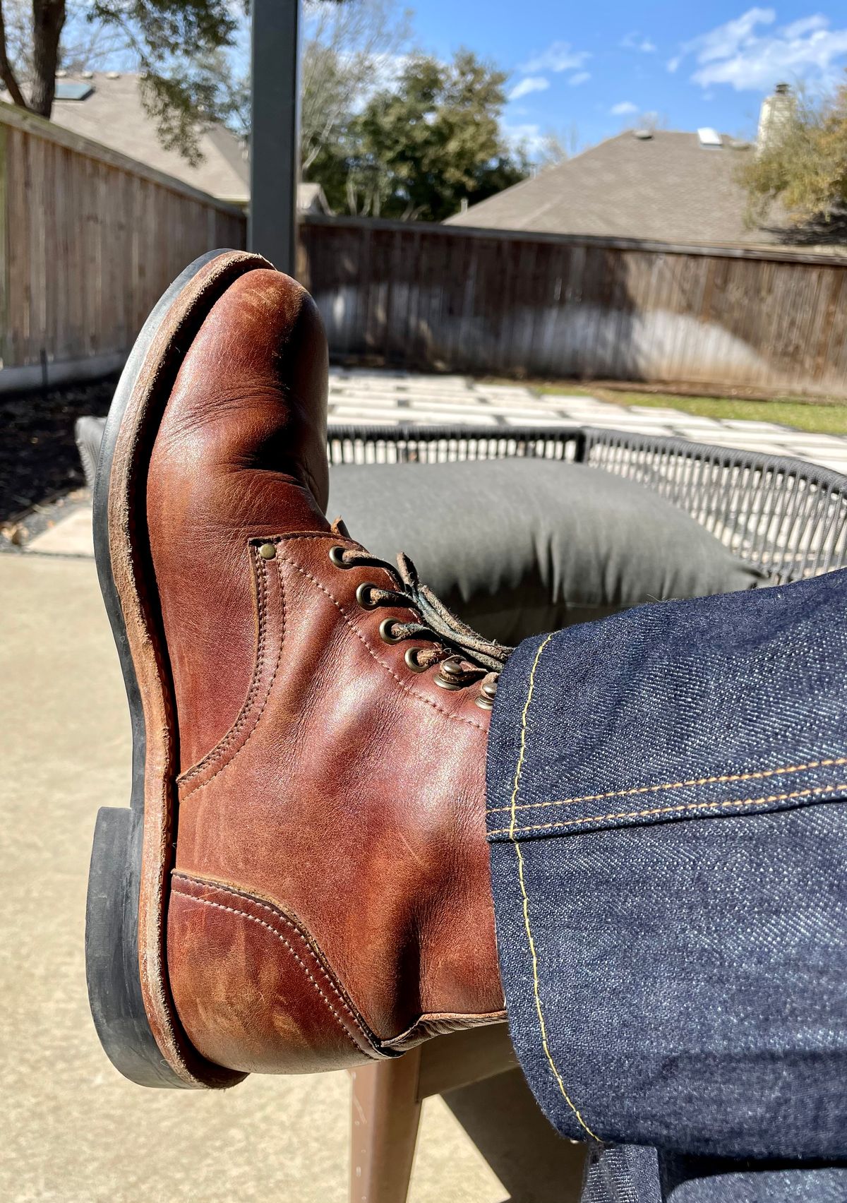 Photo by manco on March 12, 2025 of the Oak Street Bootmakers Trench Boot in Seidel Light Brown Mustang.