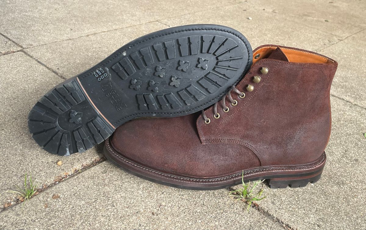 Photo by manco on April 6, 2024 of the Grant Stone Edward Boot in C.F. Stead Dark Oak Roughout.