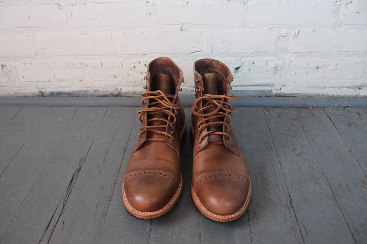 Photo by jugglemank on October 1, 2024 of the Oak Street Bootmakers Cap-Toe Trench Boot in Horween Natural Chromexcel.