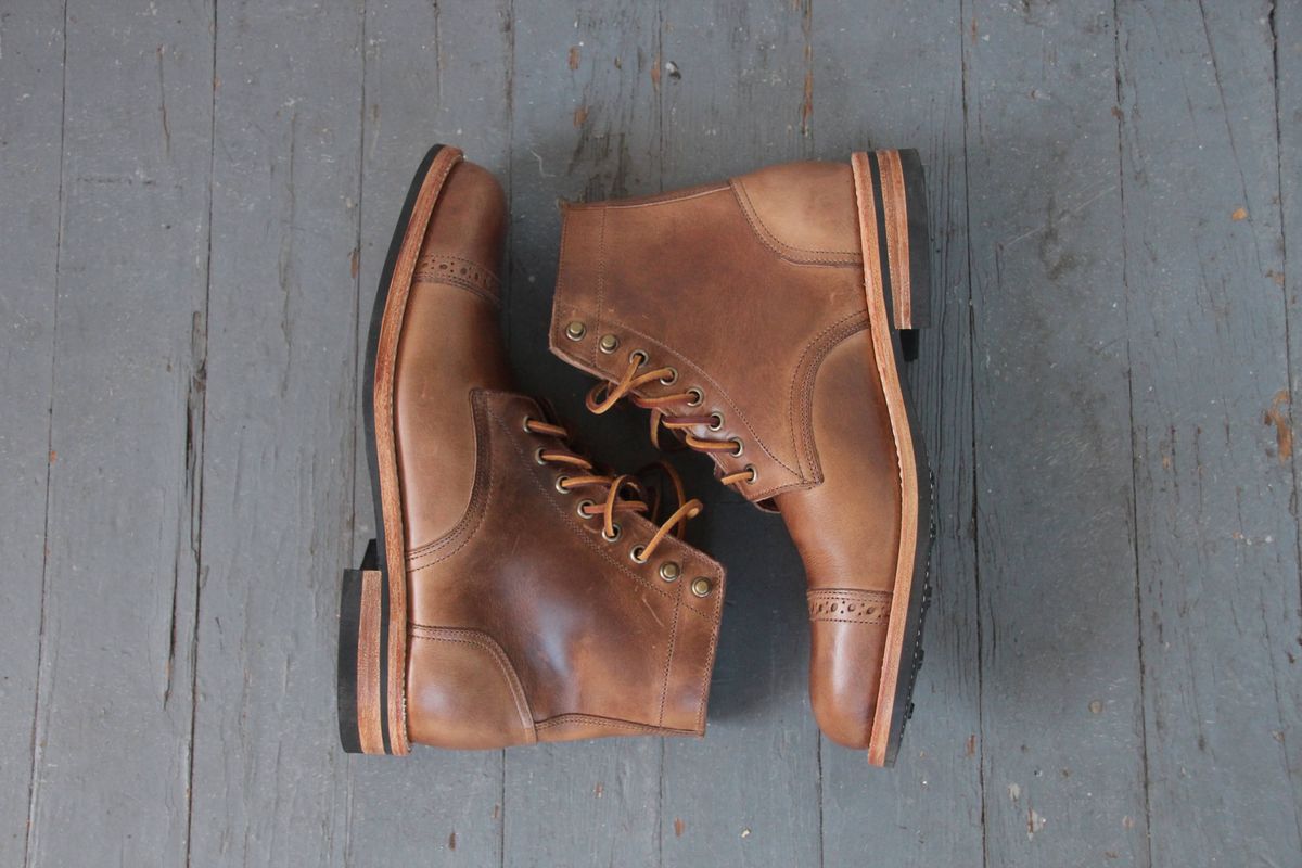 Photo by jugglemank on October 1, 2024 of the Oak Street Bootmakers Cap-Toe Trench Boot in Horween Natural Chromexcel.