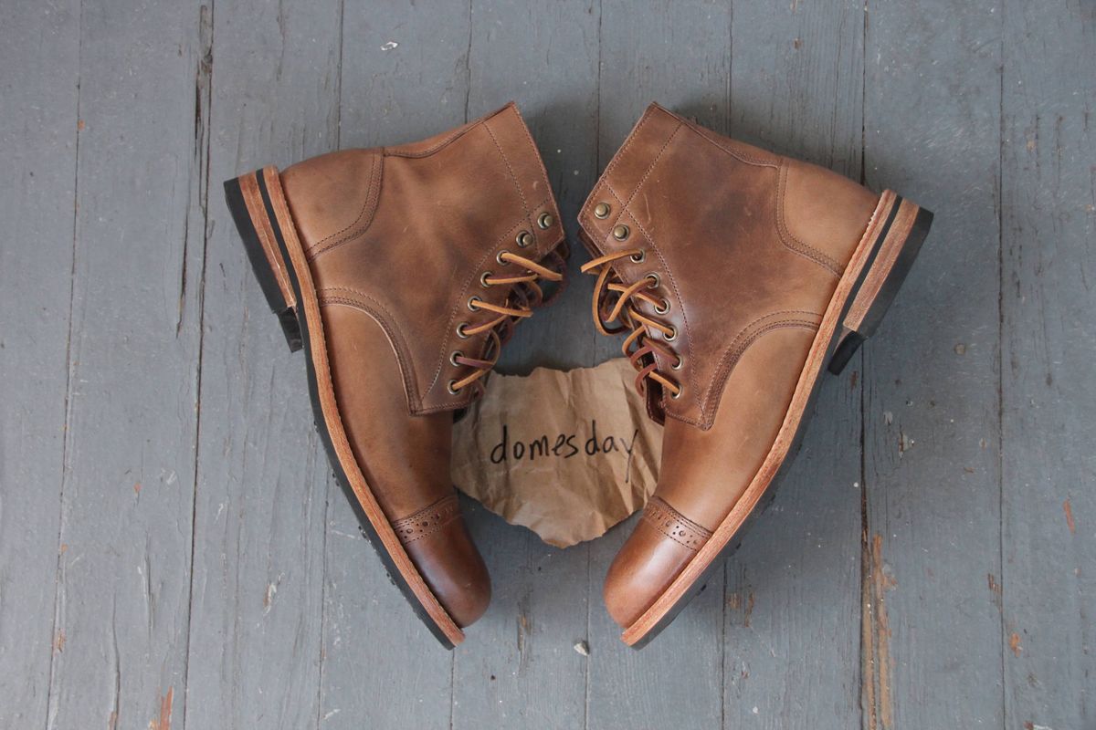 Photo by jugglemank on October 1, 2024 of the Oak Street Bootmakers Cap-Toe Trench Boot in Horween Natural Chromexcel.