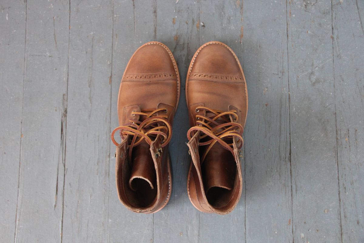 Photo by jugglemank on October 1, 2024 of the Oak Street Bootmakers Cap-Toe Trench Boot in Horween Natural Chromexcel.