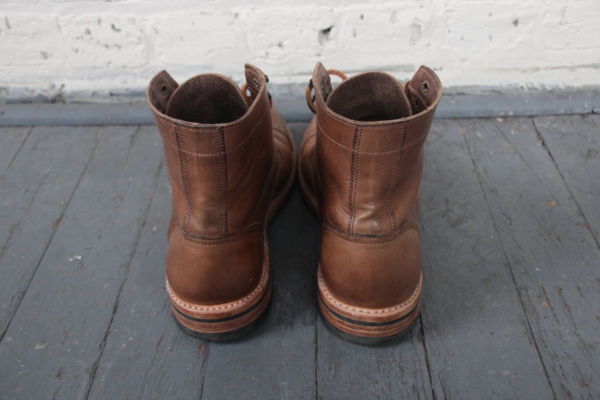 Photo by jugglemank on November 5, 2024 of the Oak Street Bootmakers Cap-Toe Trench Boot in Horween Natural Chromexcel.