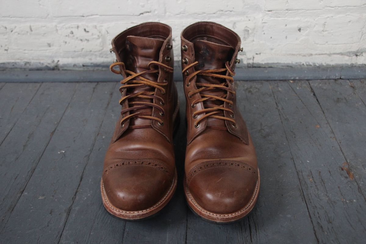Photo by jugglemank on November 5, 2024 of the Oak Street Bootmakers Cap-Toe Trench Boot in Horween Natural Chromexcel.