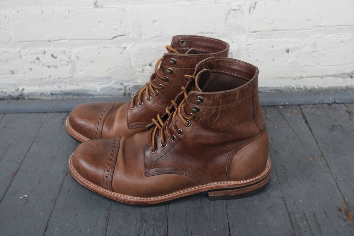 Photo by jugglemank on November 5, 2024 of the Oak Street Bootmakers Cap-Toe Trench Boot in Horween Natural Chromexcel.