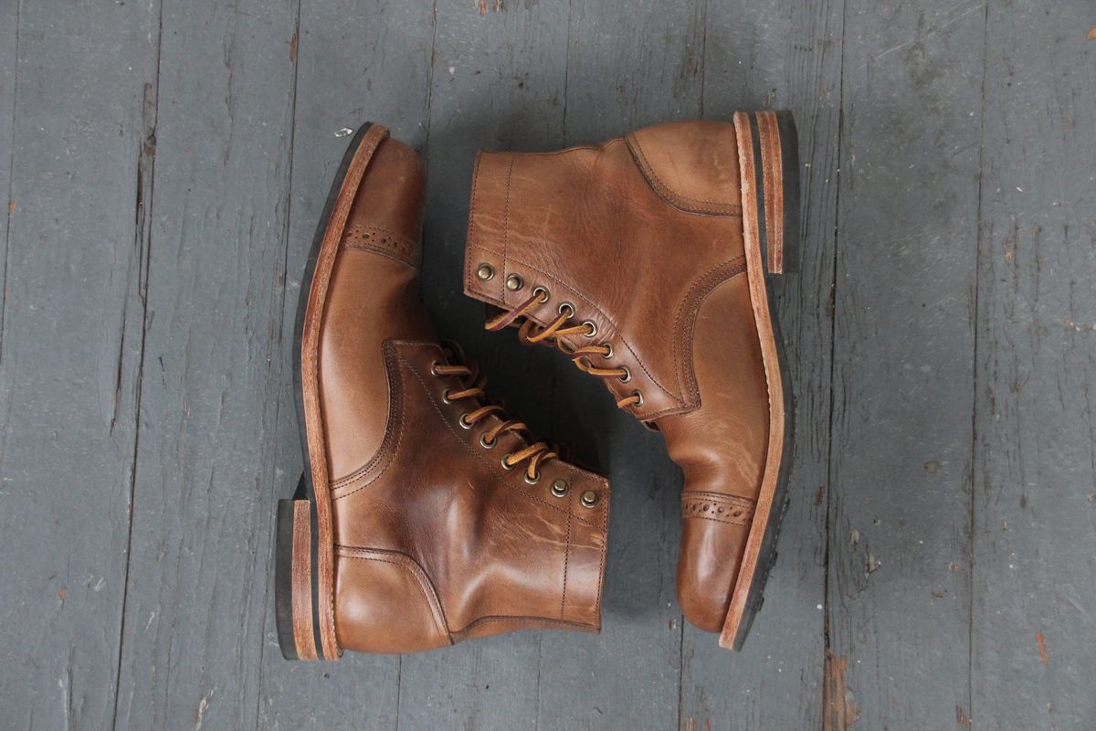 Photo by jugglemank on November 5, 2024 of the Oak Street Bootmakers Cap-Toe Trench Boot in Horween Natural Chromexcel.