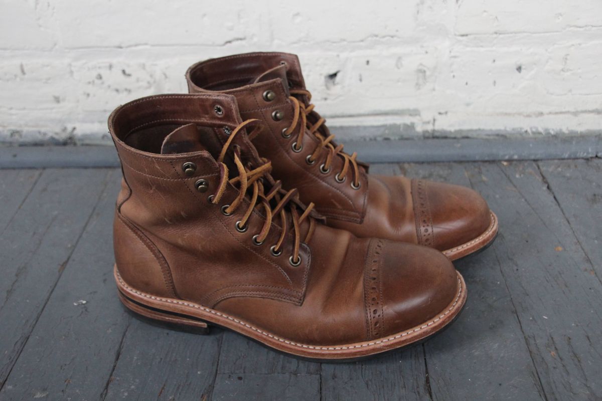 Photo by jugglemank on November 5, 2024 of the Oak Street Bootmakers Cap-Toe Trench Boot in Horween Natural Chromexcel.