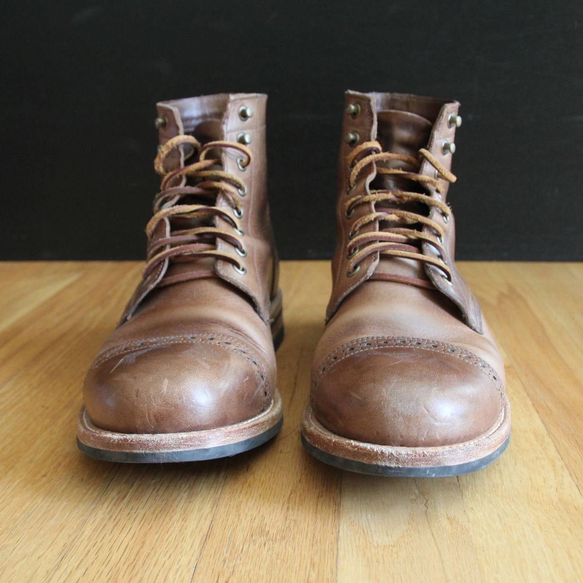 Photo by jugglemank on December 5, 2024 of the Oak Street Bootmakers Cap-Toe Trench Boot in Horween Natural Chromexcel.