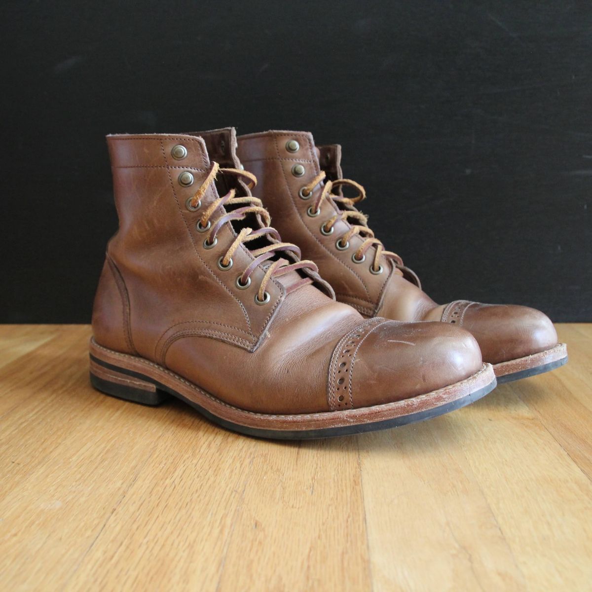 Photo by jugglemank on December 5, 2024 of the Oak Street Bootmakers Cap-Toe Trench Boot in Horween Natural Chromexcel.