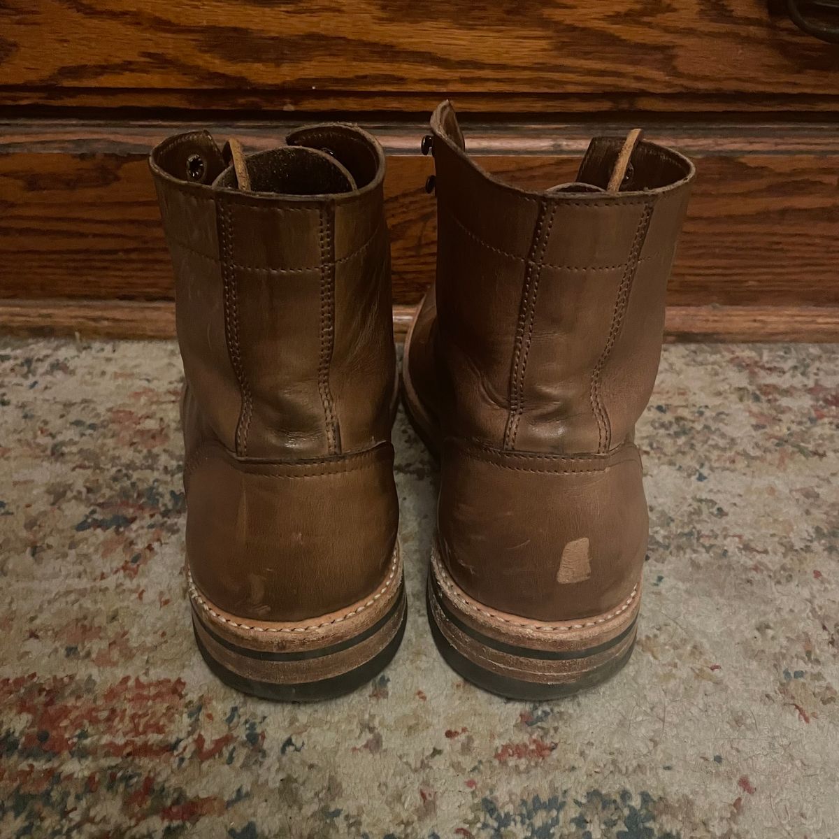 Photo by jugglemank on January 6, 2025 of the Oak Street Bootmakers Cap-Toe Trench Boot in Horween Natural Chromexcel.