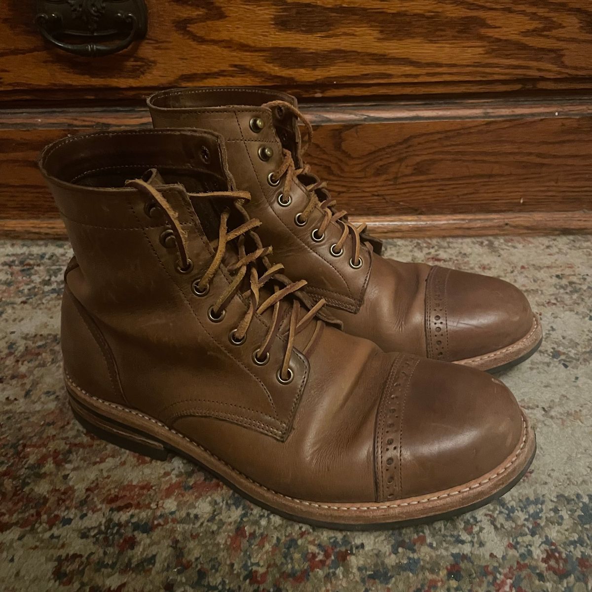 Photo by jugglemank on January 6, 2025 of the Oak Street Bootmakers Cap-Toe Trench Boot in Horween Natural Chromexcel.