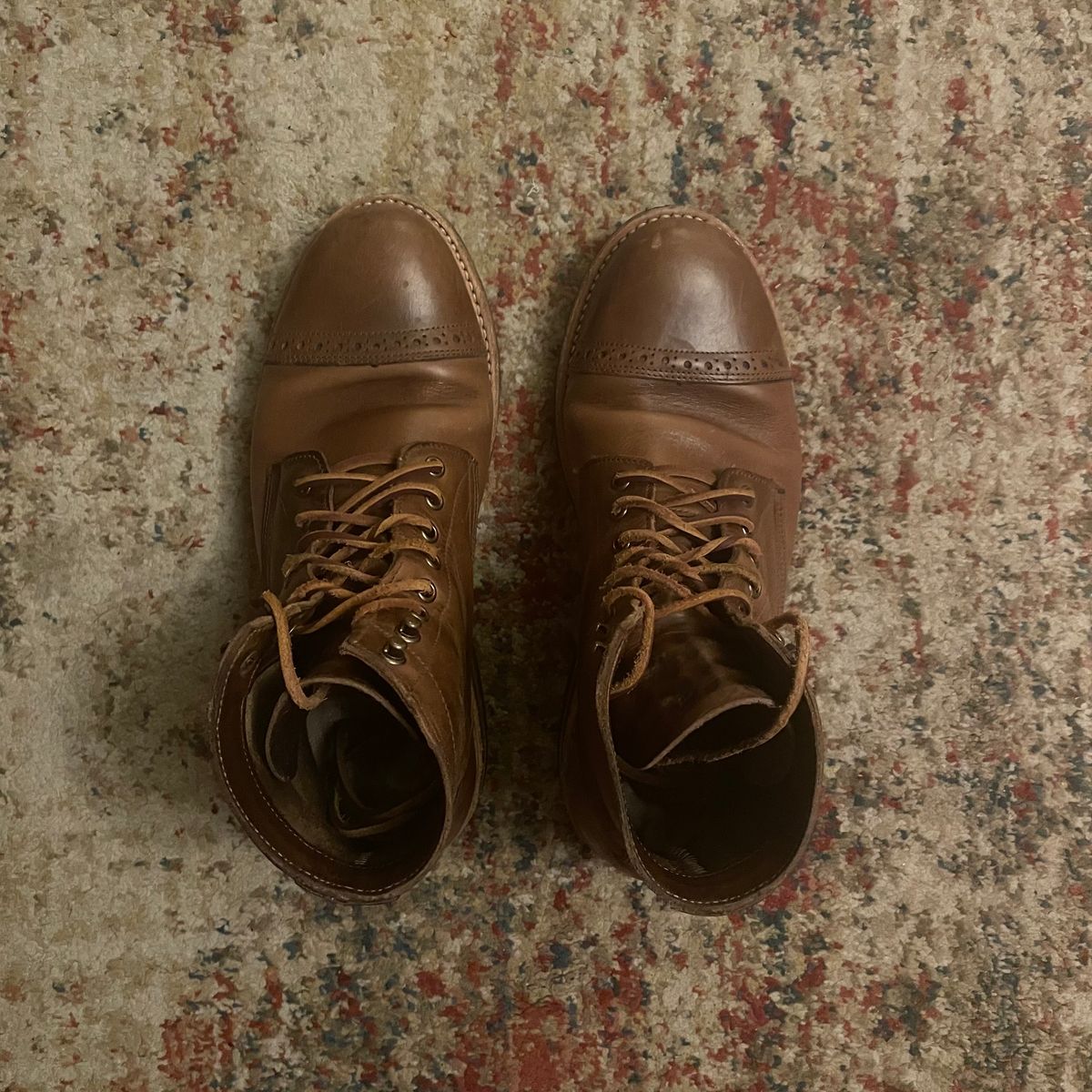 Photo by jugglemank on January 6, 2025 of the Oak Street Bootmakers Cap-Toe Trench Boot in Horween Natural Chromexcel.