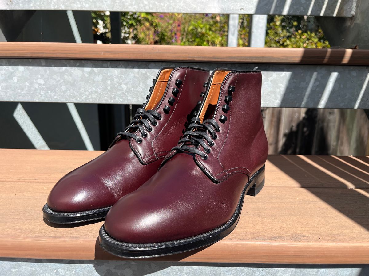 Photo by tomsbarkingdogs on September 16, 2025 of the Alden Plain Toe Boot in Horween Burgundy Calfskin.