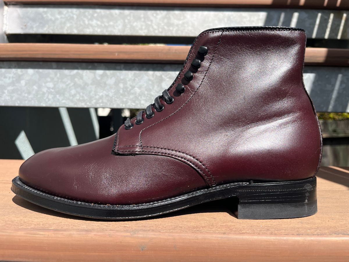 Photo by tomsbarkingdogs on September 16, 2025 of the Alden Plain Toe Boot in Horween Burgundy Calfskin.