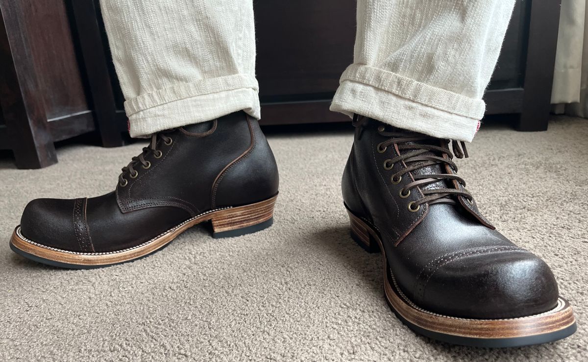Photo by Abel on April 28, 2025 of the XBXS Miner Boots in Horween Black Waxed Flesh.