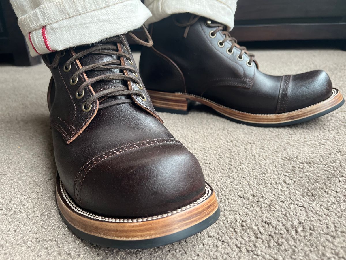 Photo by Abel on April 28, 2025 of the XBXS Miner Boots in Horween Black Waxed Flesh.