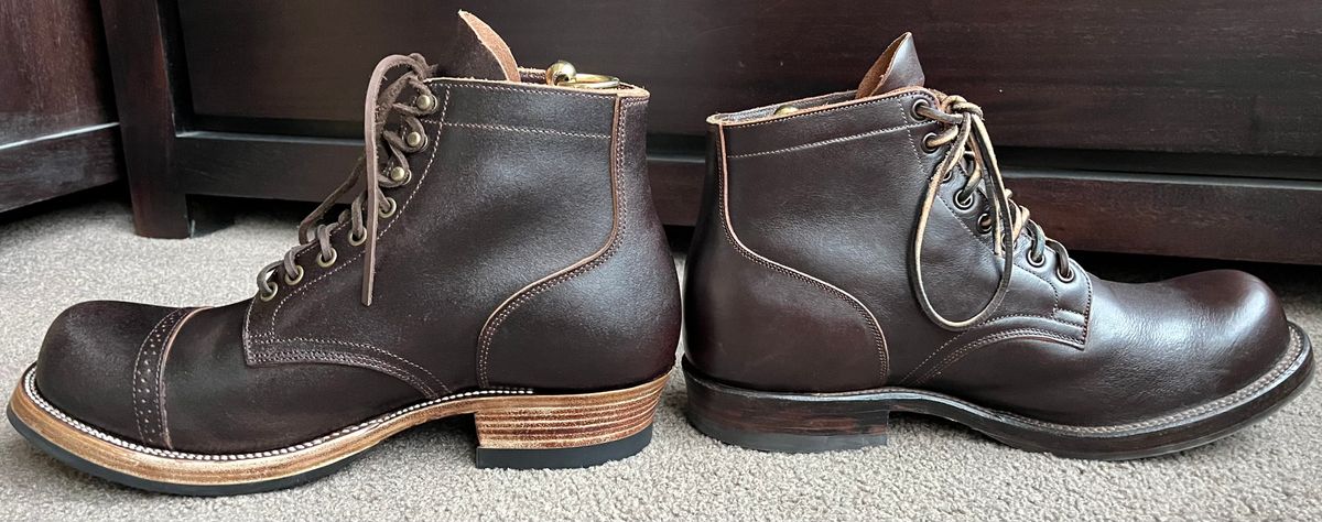Photo by Abel on April 28, 2025 of the XBXS Miner Boots in Horween Black Waxed Flesh.