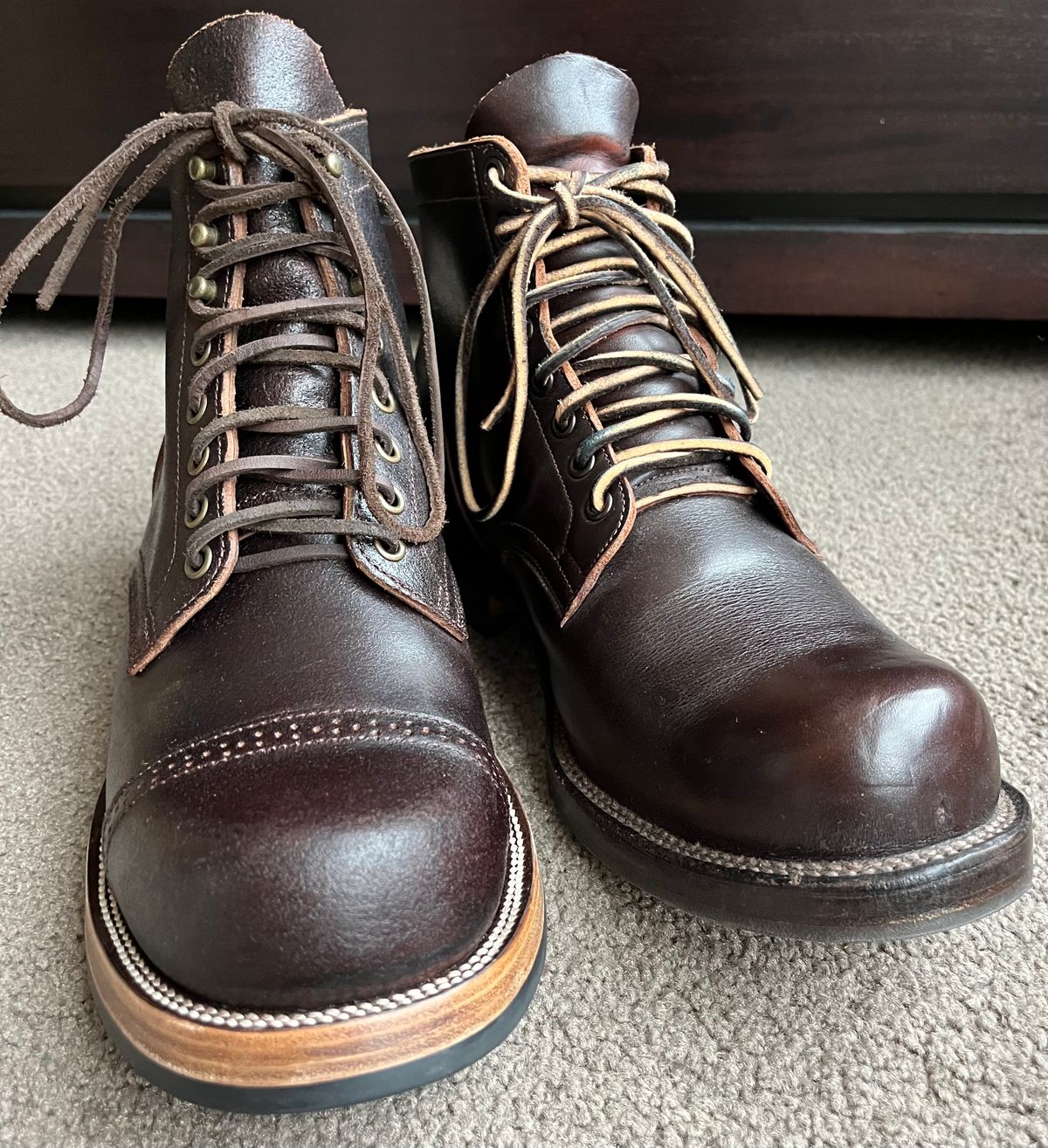 Photo by Abel on April 28, 2025 of the XBXS Miner Boots in Horween Black Waxed Flesh.