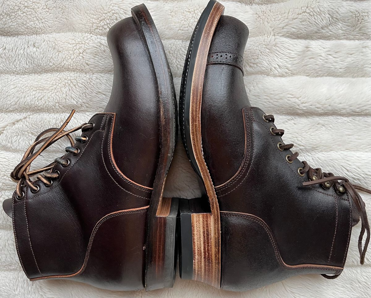Photo by Abel on April 28, 2025 of the XBXS Miner Boots in Horween Black Waxed Flesh.