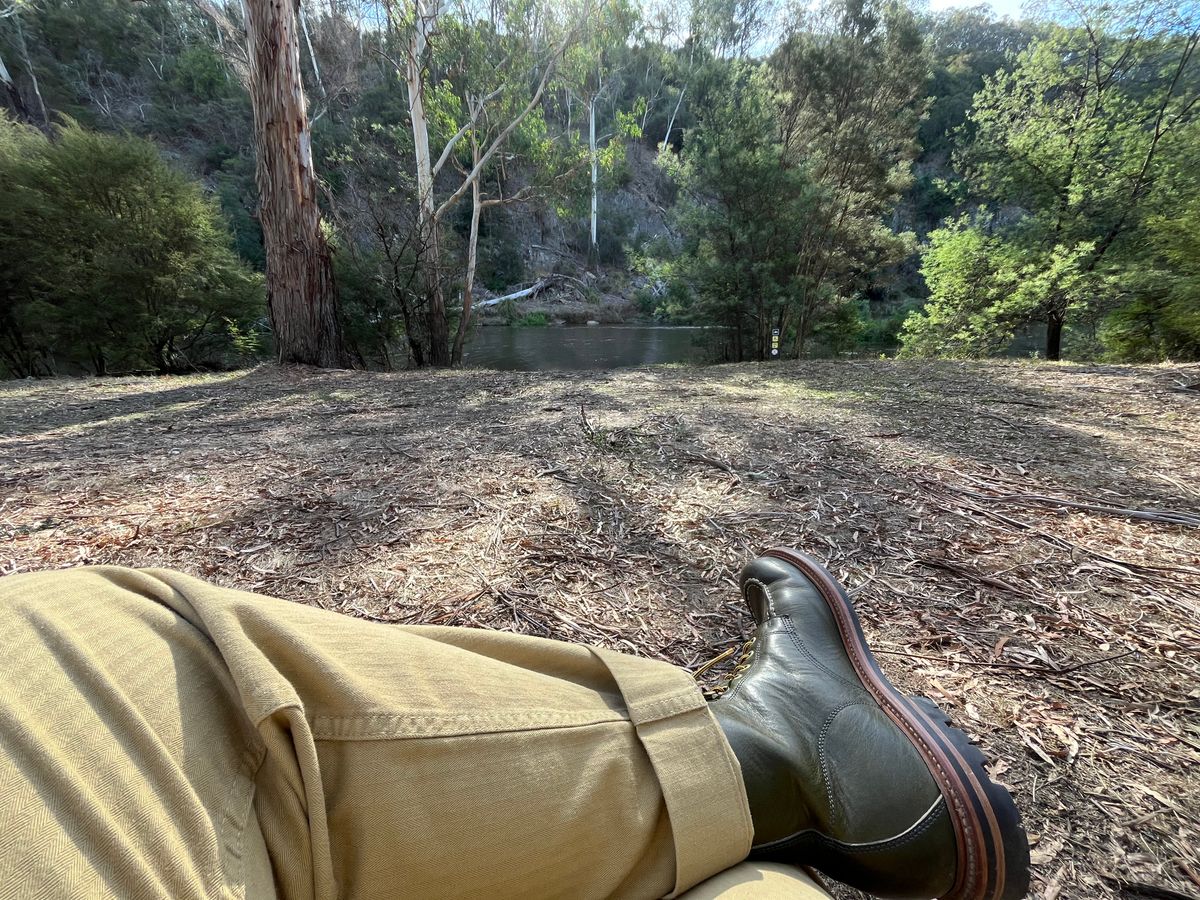 Photo by Abel on March 23, 2025 of the Grant Stone Brass Boot in Badalassi Carlo Olive Green Minerva.