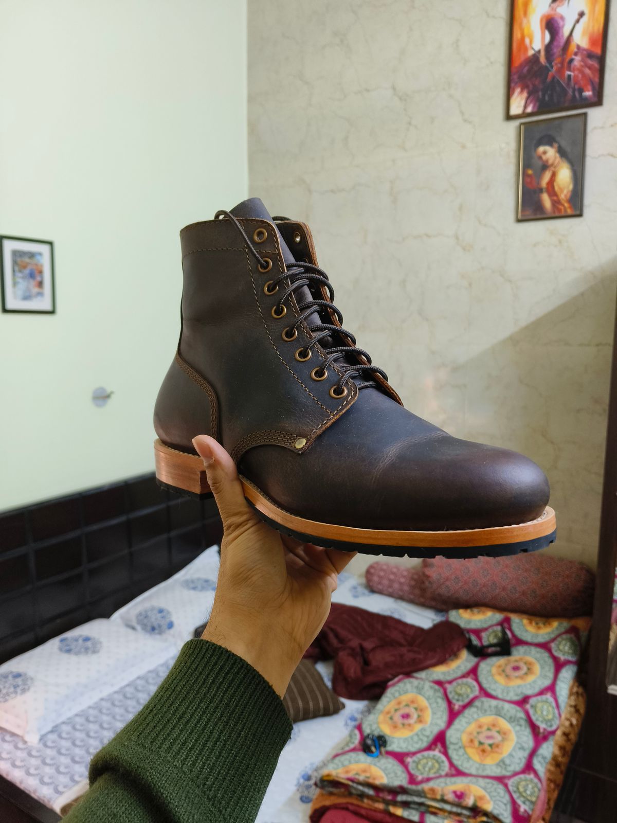 Photo by Nakul on February 24, 2025 of the Craft & Glory 1943 Service Boots in Full Grain Waxed Water Buffalo.