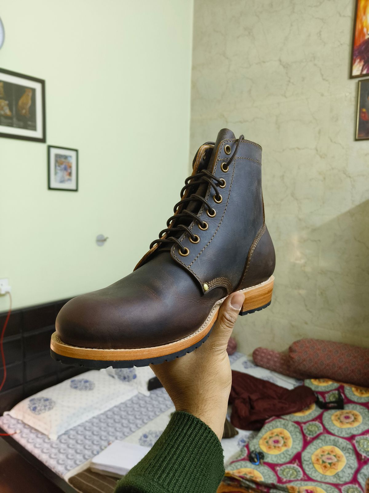Photo by Nakul on February 24, 2025 of the Craft & Glory 1943 Service Boots in Full Grain Waxed Water Buffalo.