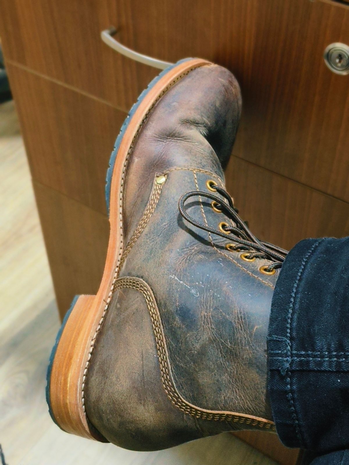 Photo by Nakul on April 26, 2025 of the Craft & Glory 1943 Service Boots in Full Grain Waxed Water Buffalo.