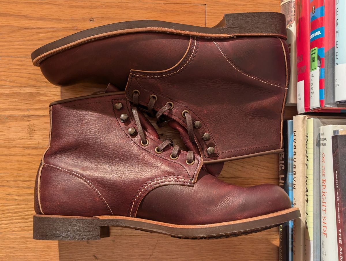 Photo by FunkyColdPatina on October 1, 2024 of the Red Wing Blacksmith in S.B. Foot Briar Oil Slick.