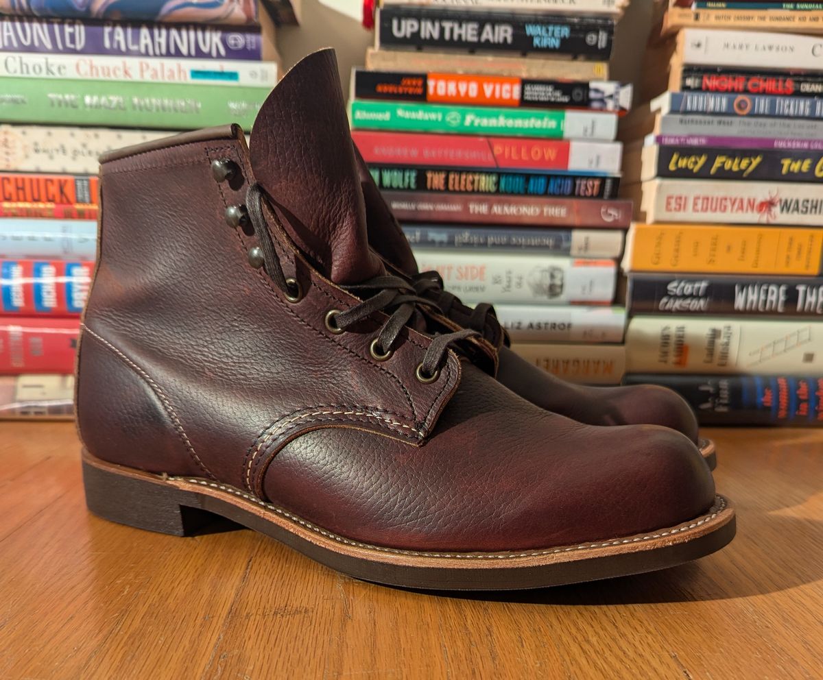 Photo by FunkyColdPatina on October 1, 2024 of the Red Wing Blacksmith in S.B. Foot Briar Oil Slick.