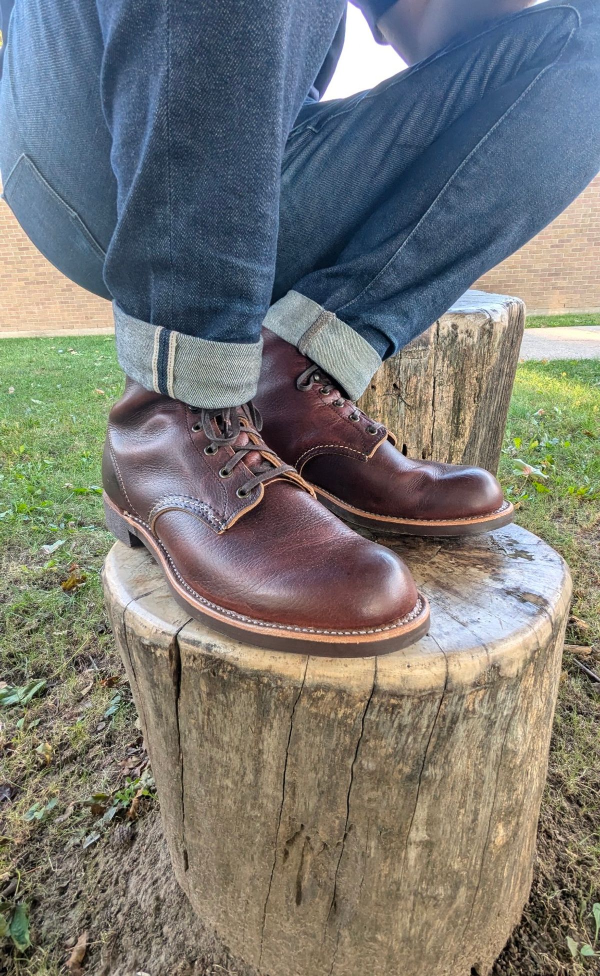 Photo by FunkyColdPatina on October 5, 2024 of the Red Wing Blacksmith in S.B. Foot Briar Oil Slick.