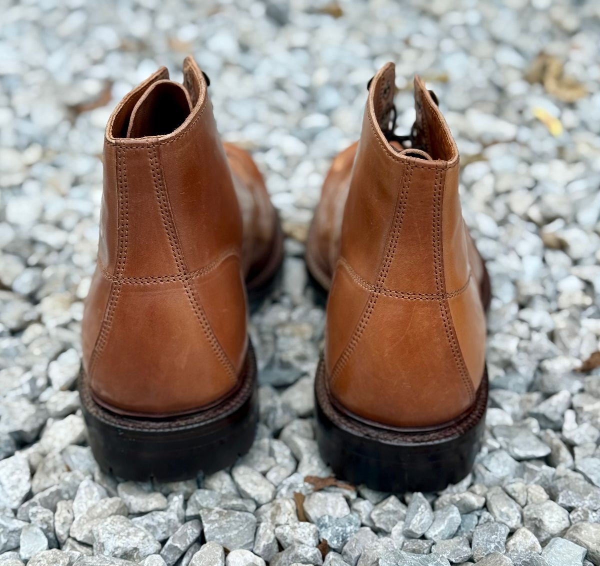 Photo by 10000yearsago on October 1, 2025 of the Grant Stone Brass Boot in Horween Honey Glazed Shell Cordovan.