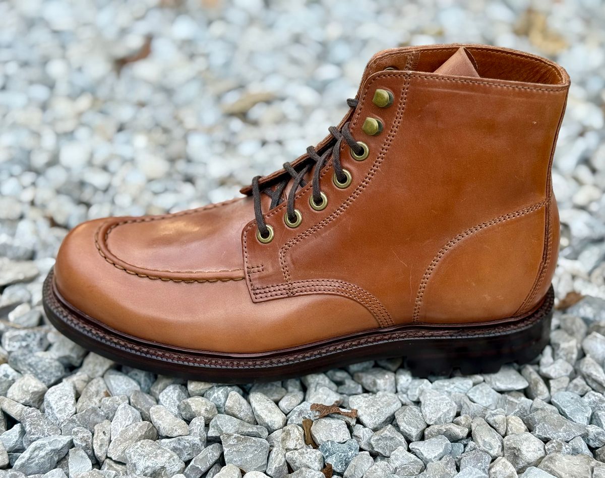 Photo by 10000yearsago on October 1, 2025 of the Grant Stone Brass Boot in Horween Honey Glazed Shell Cordovan.