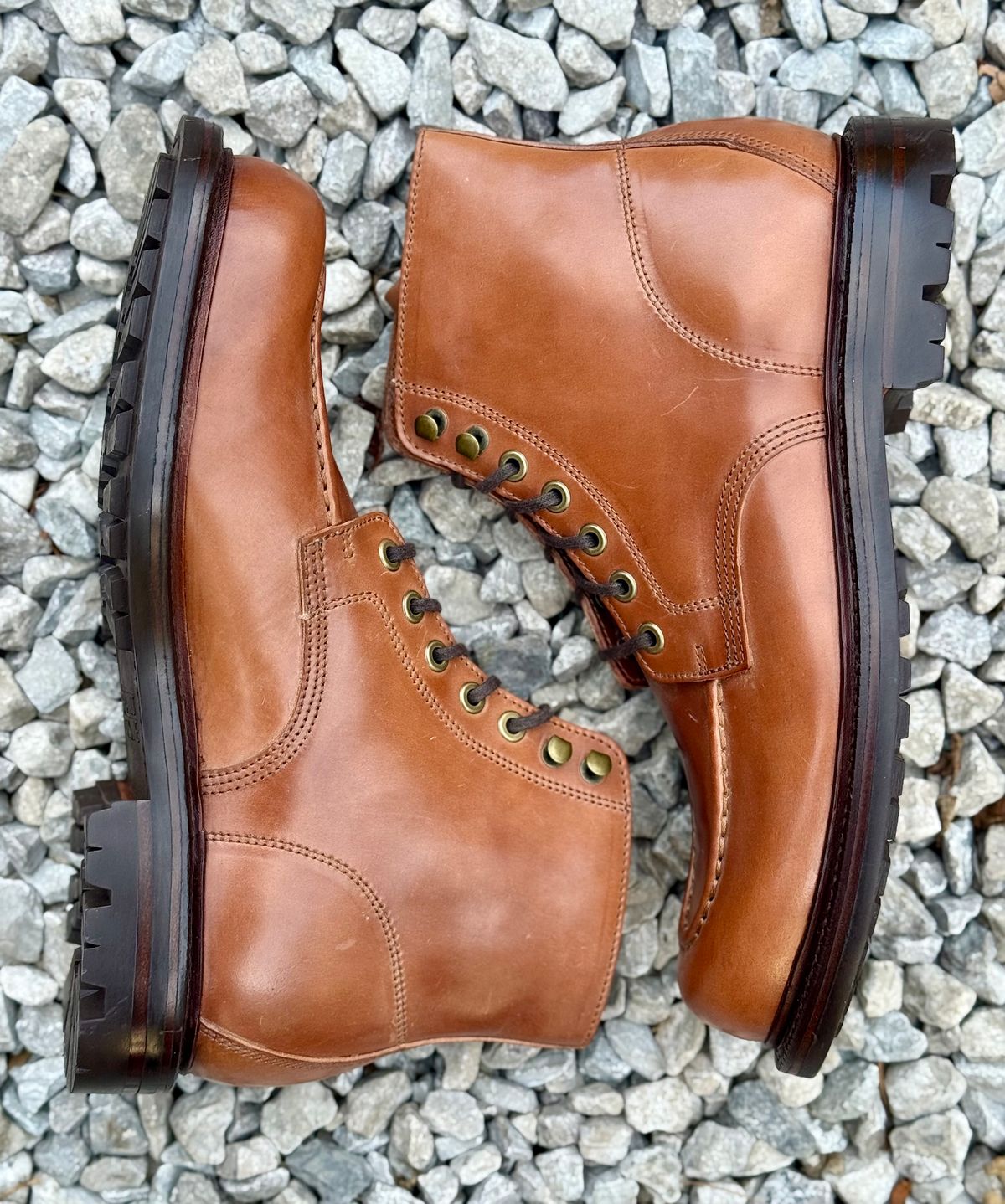 Photo by 10000yearsago on October 1, 2025 of the Grant Stone Brass Boot in Horween Honey Glazed Shell Cordovan.
