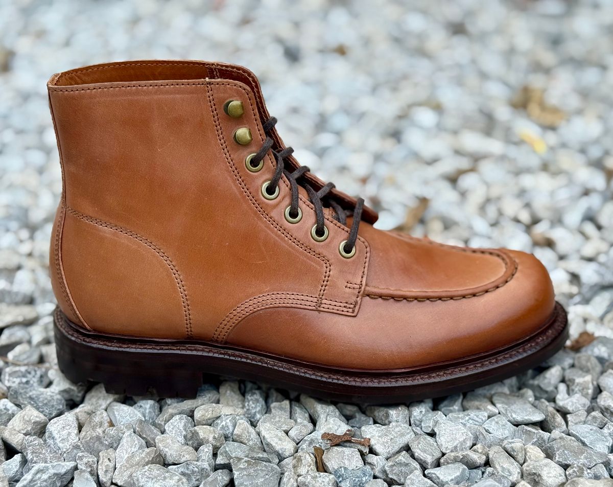 Photo by 10000yearsago on October 1, 2025 of the Grant Stone Brass Boot in Horween Honey Glazed Shell Cordovan.