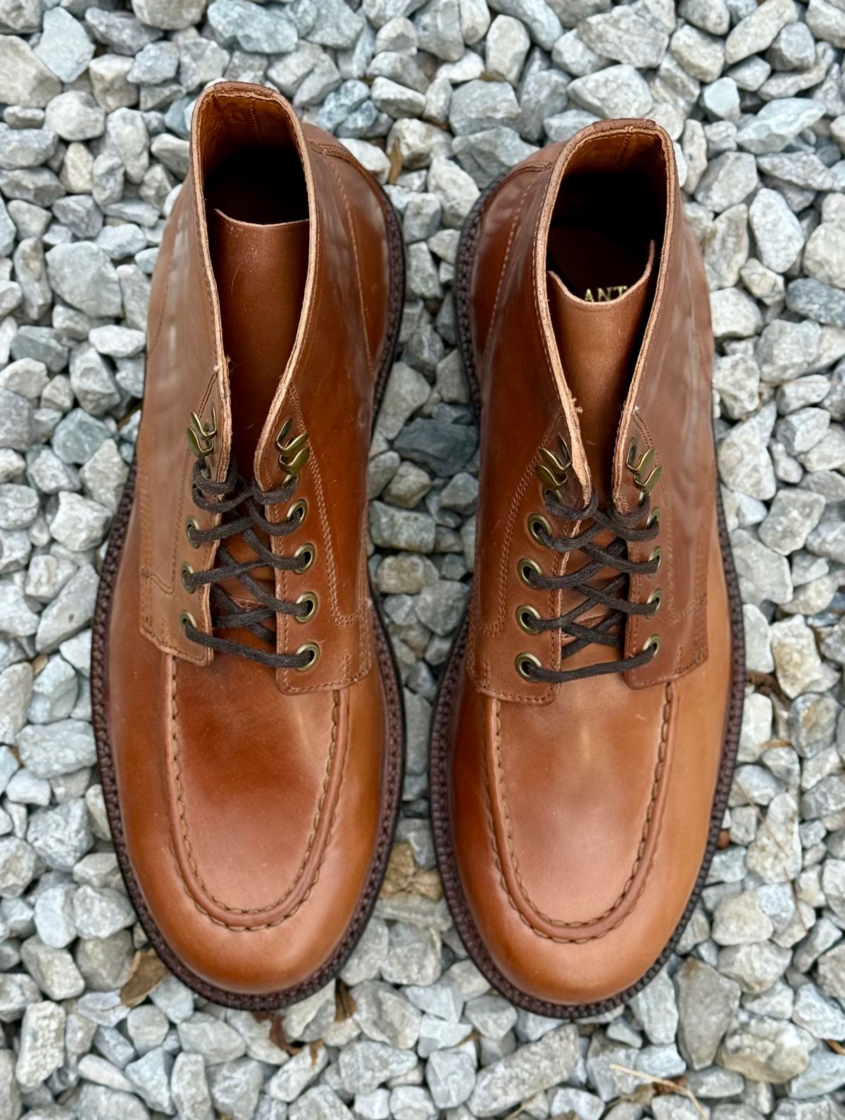 Photo by 10000yearsago on October 1, 2025 of the Grant Stone Brass Boot in Horween Honey Glazed Shell Cordovan.