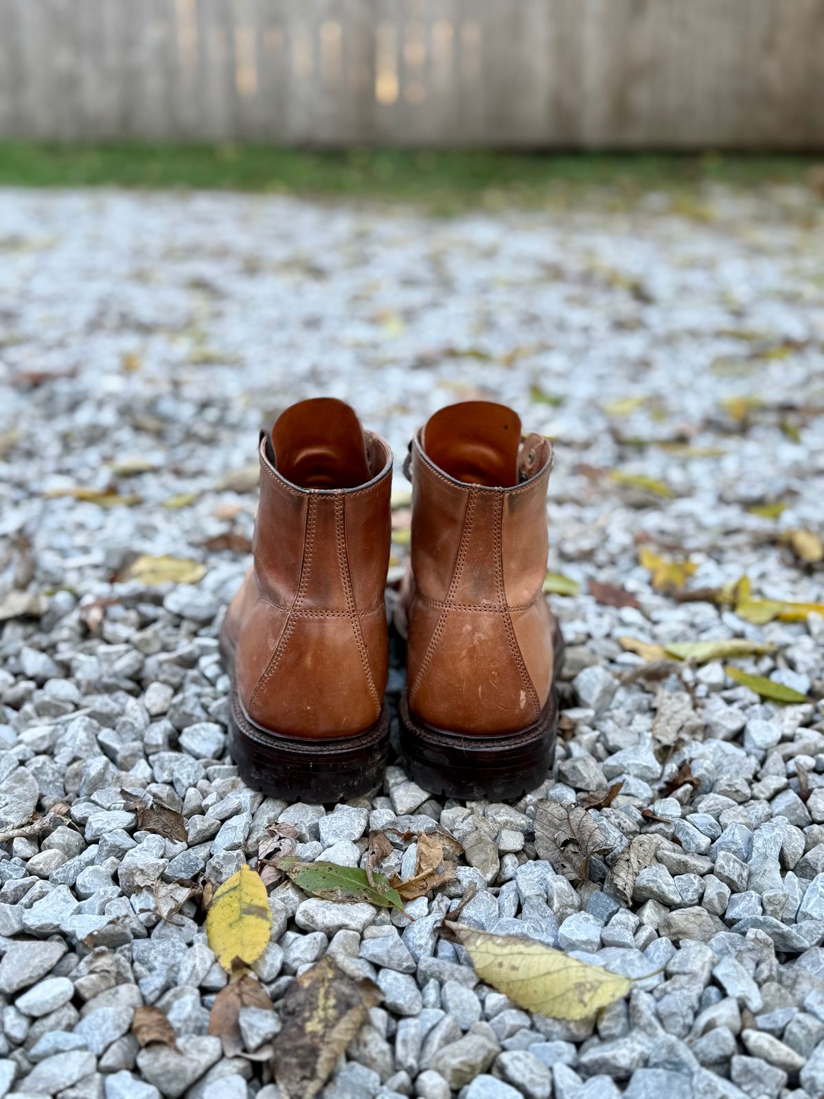 Photo by 10000yearsago on November 3, 2025 of the Grant Stone Brass Boot in Horween Honey Glazed Shell Cordovan.
