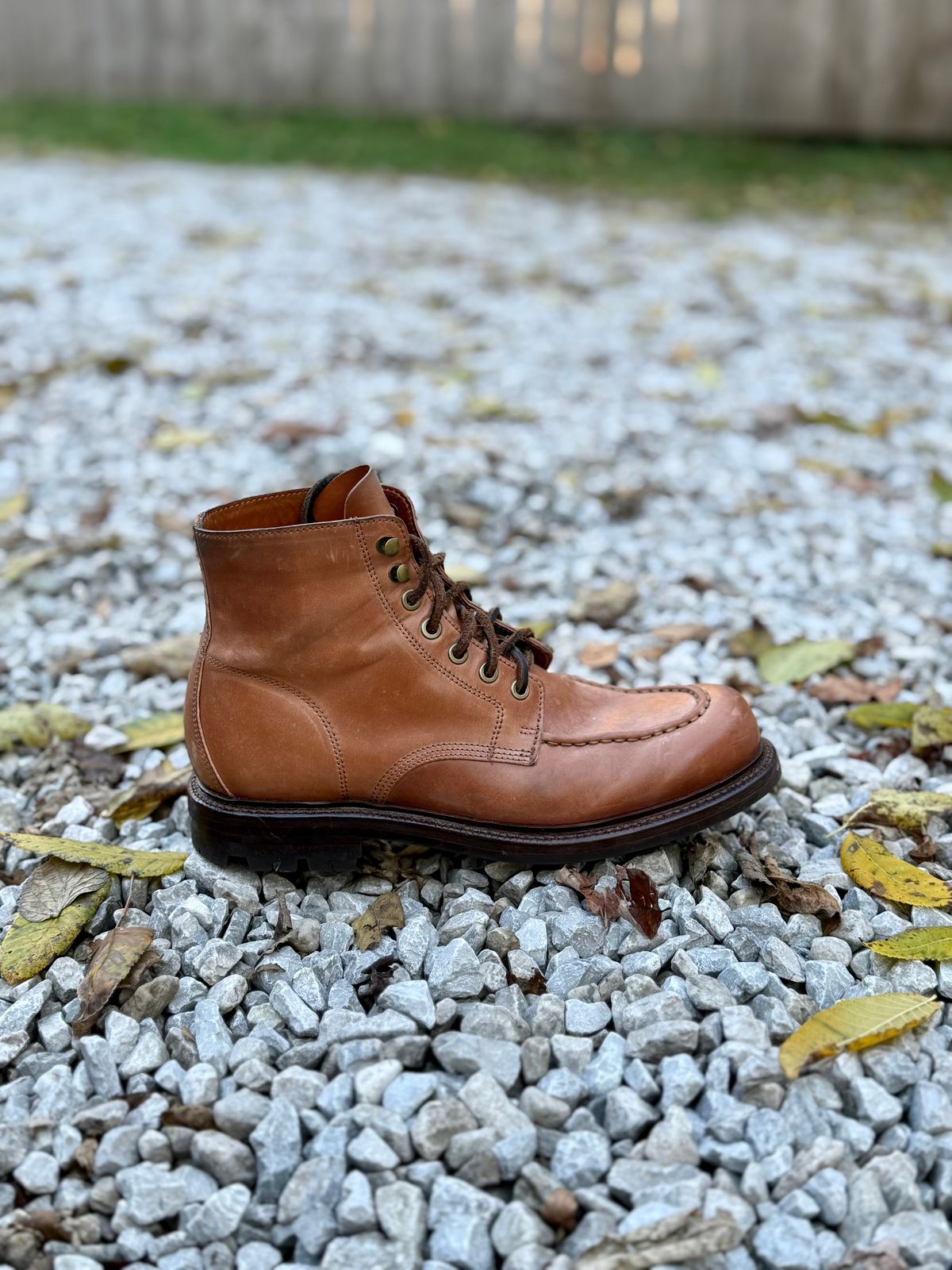 Photo by 10000yearsago on November 3, 2025 of the Grant Stone Brass Boot in Horween Honey Glazed Shell Cordovan.