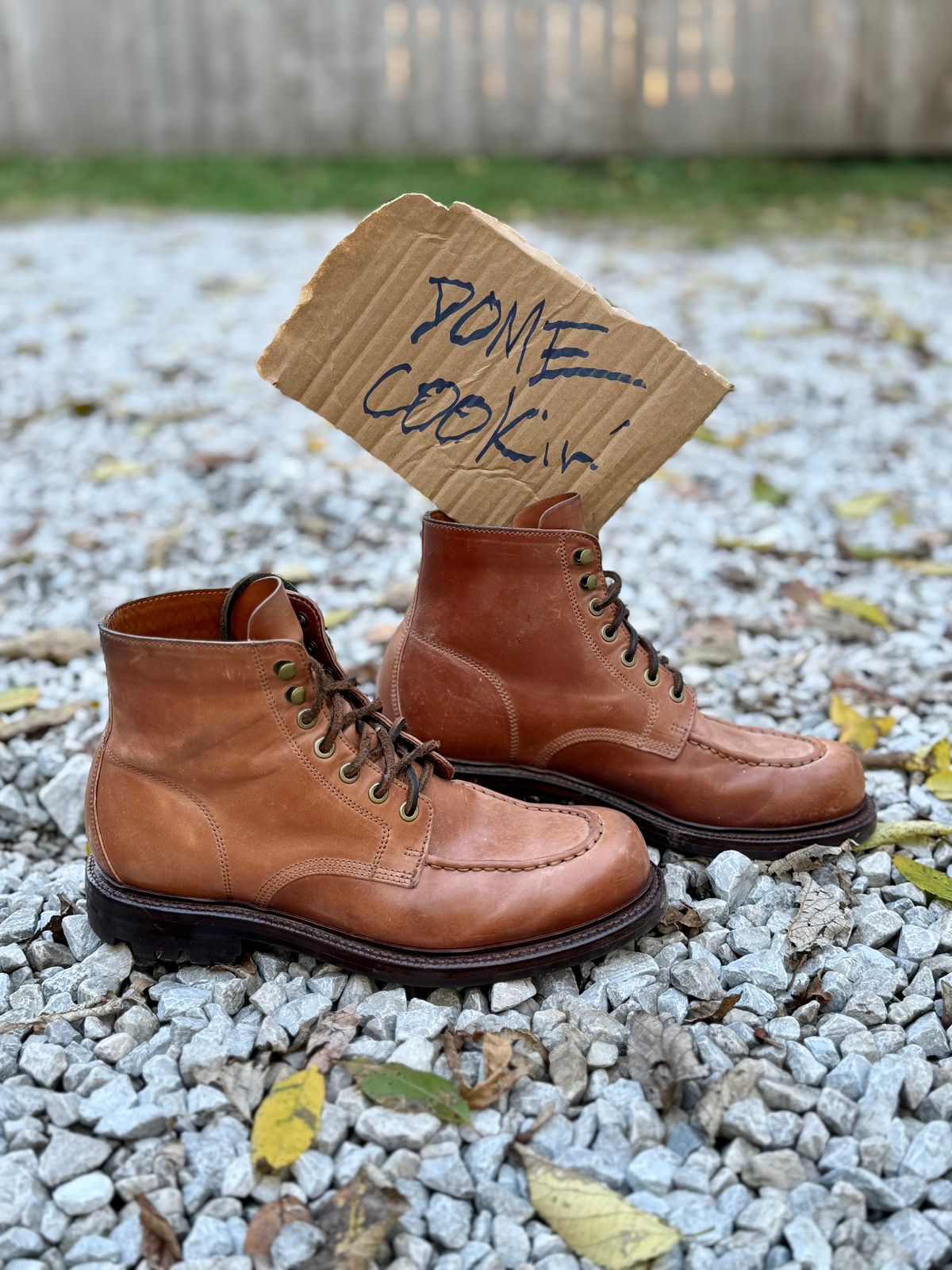 Photo by 10000yearsago on November 3, 2025 of the Grant Stone Brass Boot in Horween Honey Glazed Shell Cordovan.
