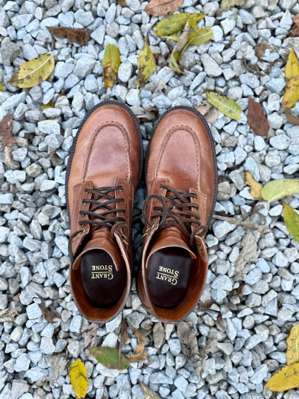 Photo by 10000yearsago on November 3, 2025 of the Grant Stone Brass Boot in Horween Honey Glazed Shell Cordovan.