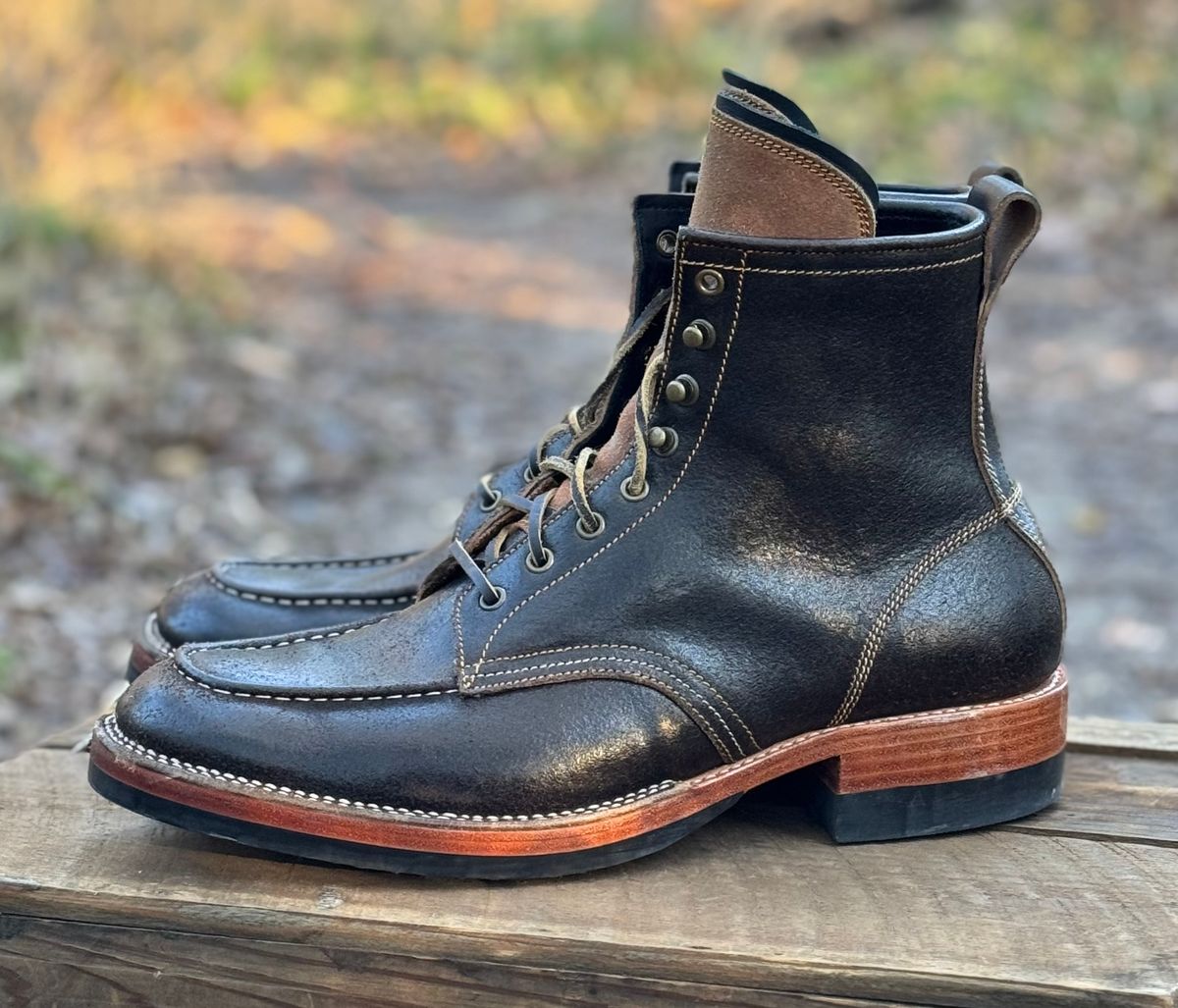 Photo by bconner2112 on November 3, 2025 of the Fortis Boots Moc Toe in Horween Java Waxed Flesh.
