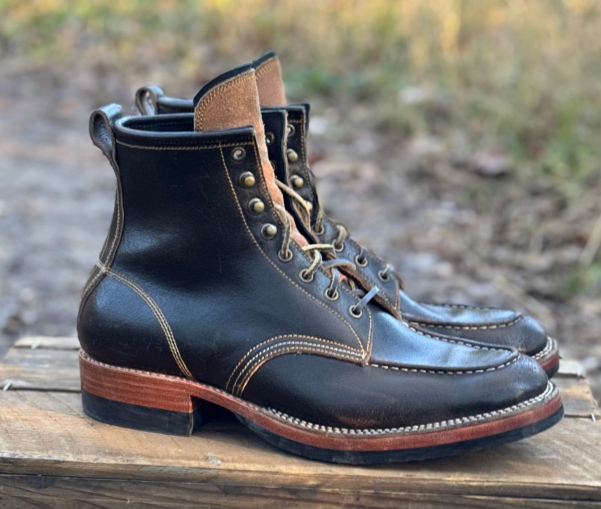 Photo by bconner2112 on November 3, 2025 of the Fortis Boots Moc Toe in Horween Java Waxed Flesh.