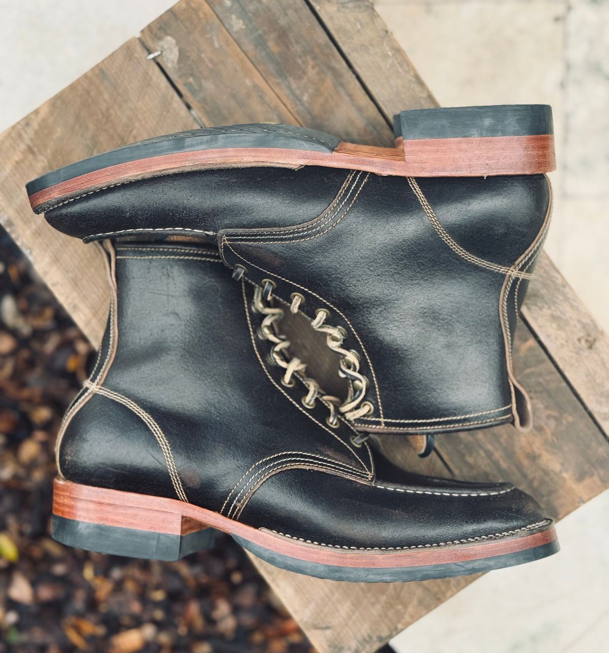 Photo by bconner2112 on December 1, 2025 of the Fortis Boots Moc Toe in Horween Java Waxed Flesh.