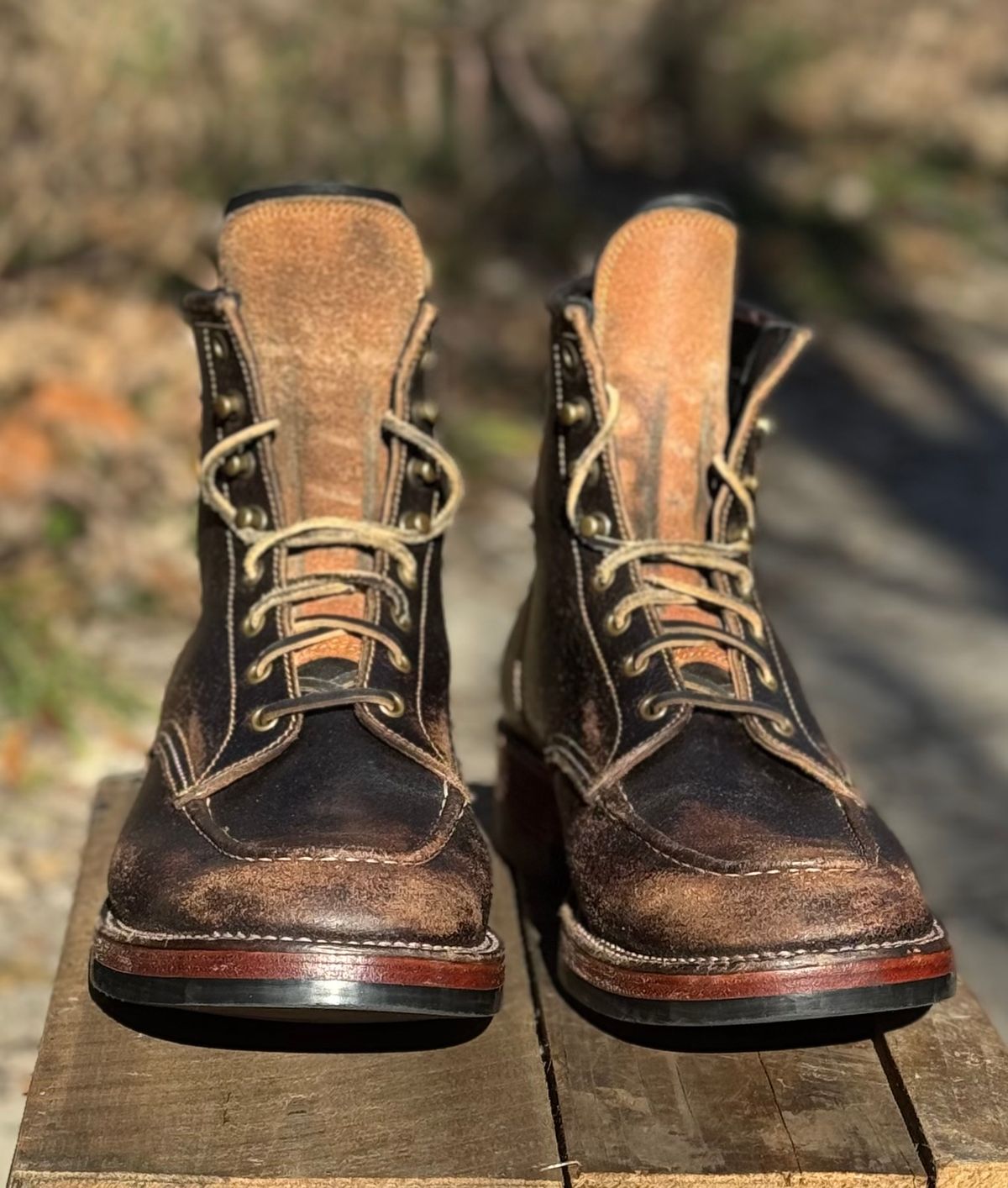 Photo by bconner2112 on January 2, 2026 of the Fortis Boots Moc Toe in Horween Java Waxed Flesh.
