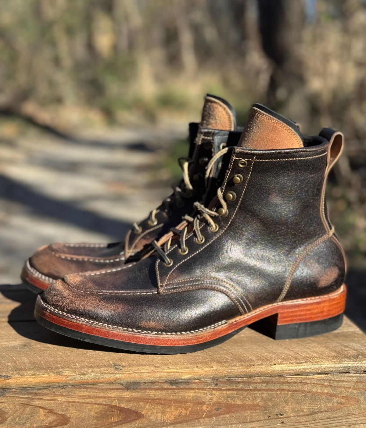 Photo by bconner2112 on January 2, 2026 of the Fortis Boots Moc Toe in Horween Java Waxed Flesh.