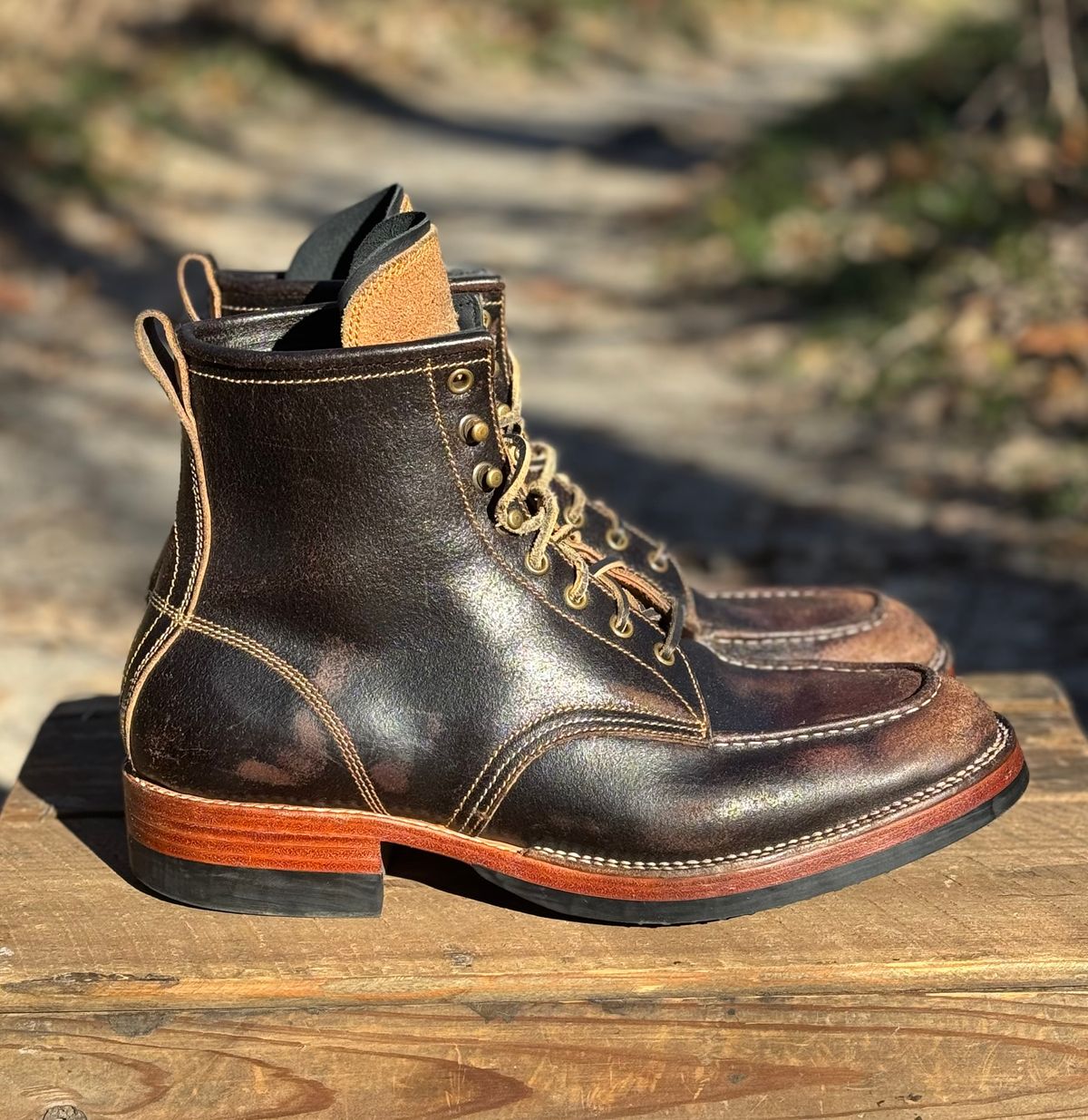 Photo by bconner2112 on January 2, 2026 of the Fortis Boots Moc Toe in Horween Java Waxed Flesh.