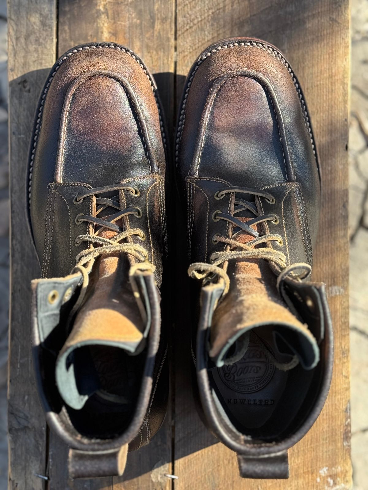 Photo by bconner2112 on January 2, 2026 of the Fortis Boots Moc Toe in Horween Java Waxed Flesh.