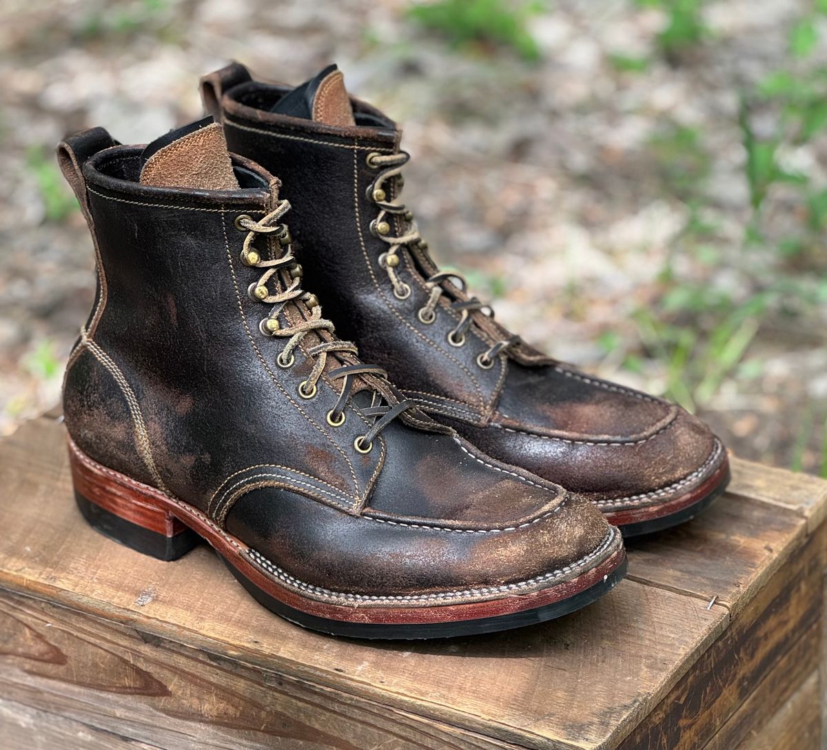 Photo by bconner2112 on April 2, 2026 of the Fortis Boots Moc Toe in Horween Java Waxed Flesh.