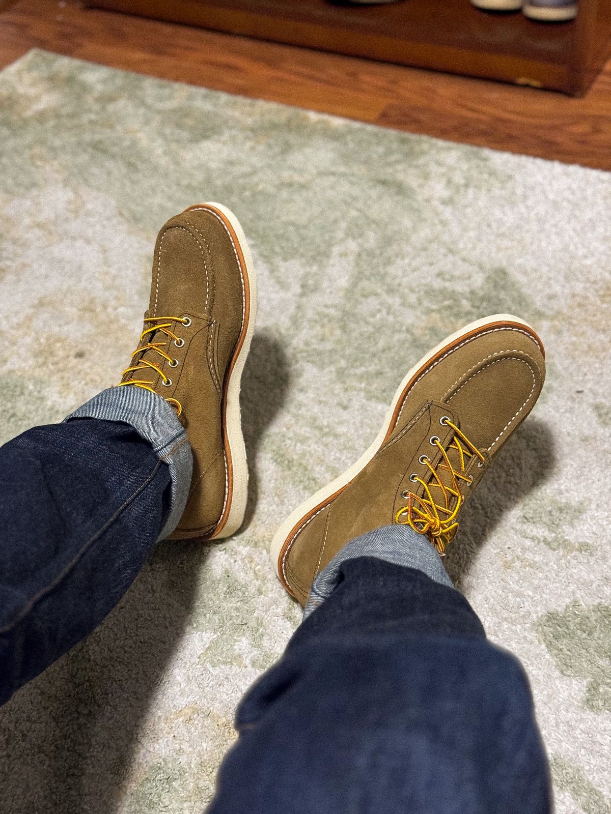 Photo by fancyfootwork15 on December 20, 2025 of the Red Wing 6-Inch Classic Moc in S.B. Foot Olive Mohave Roughout.